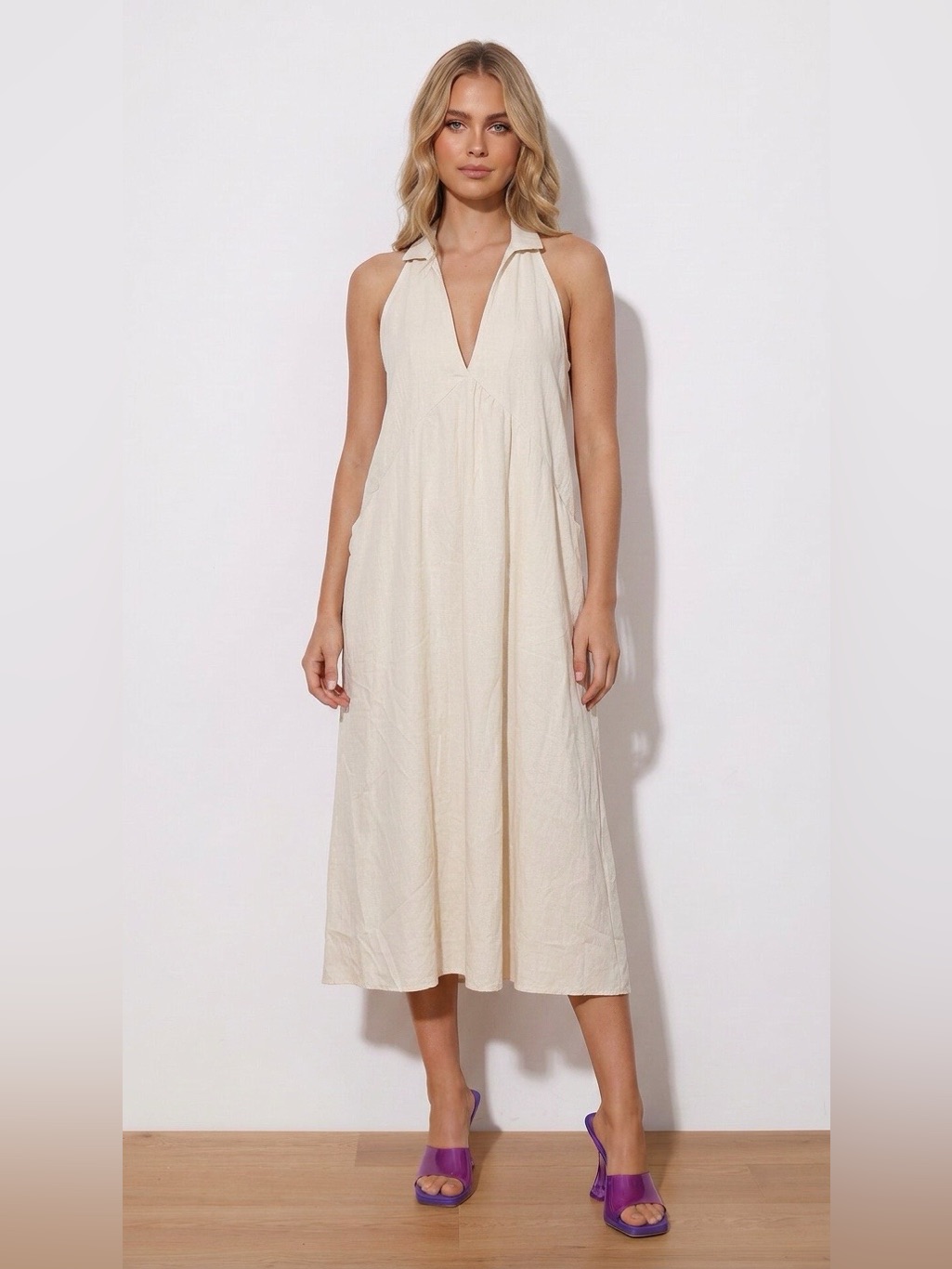 Sleeveless V-Neck Cream Maxi Dress